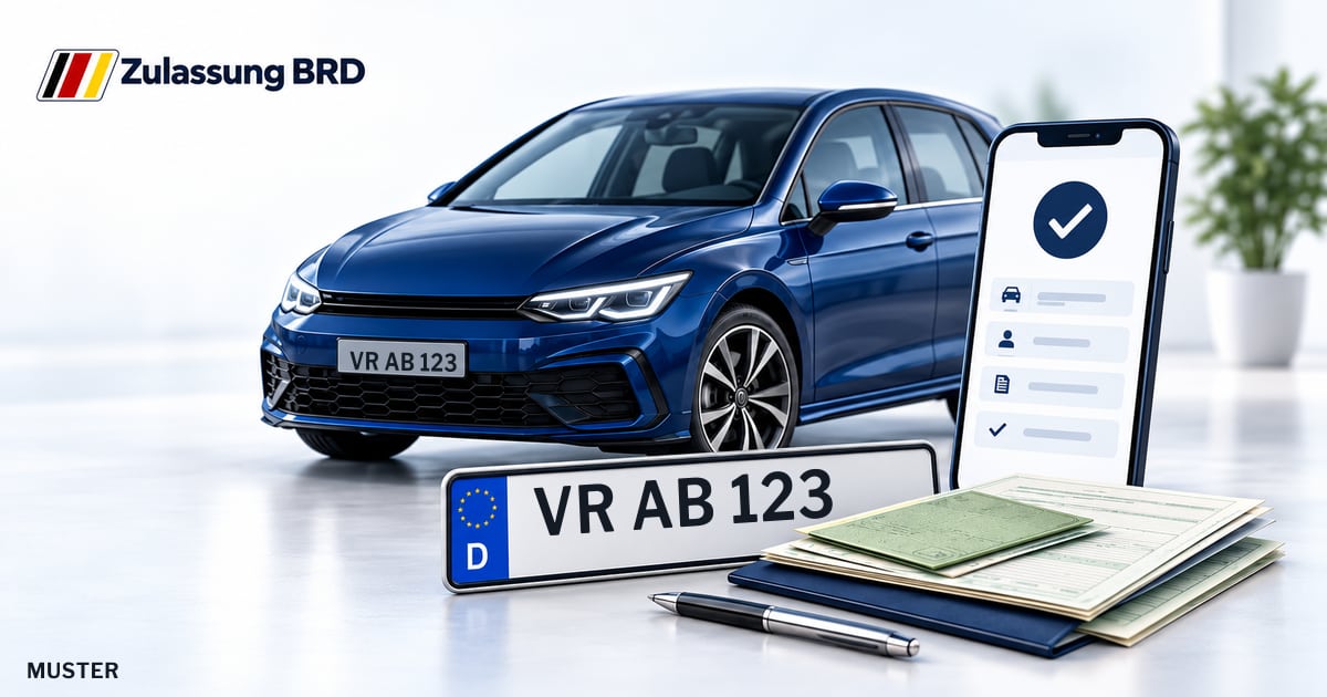 Online Fahrzeugzulassung in Grimmen: Musterkennzeichen VR AB 123, Auto und Fahrzeugpapiere und Smartphone. Illustration mit Logo von Zulassung BRD.